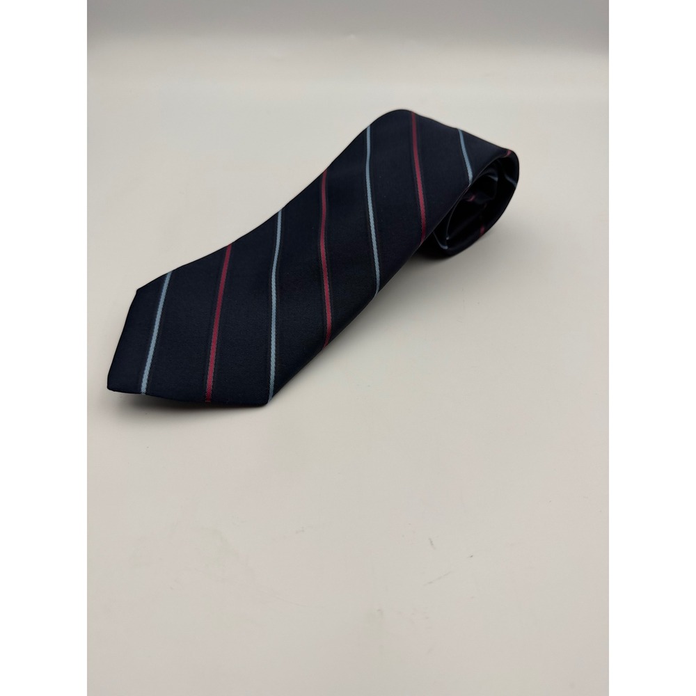 John Henry Mens Navy Blue Red Light Blue Diagonal Repp Stripe Silk Blend Necktie